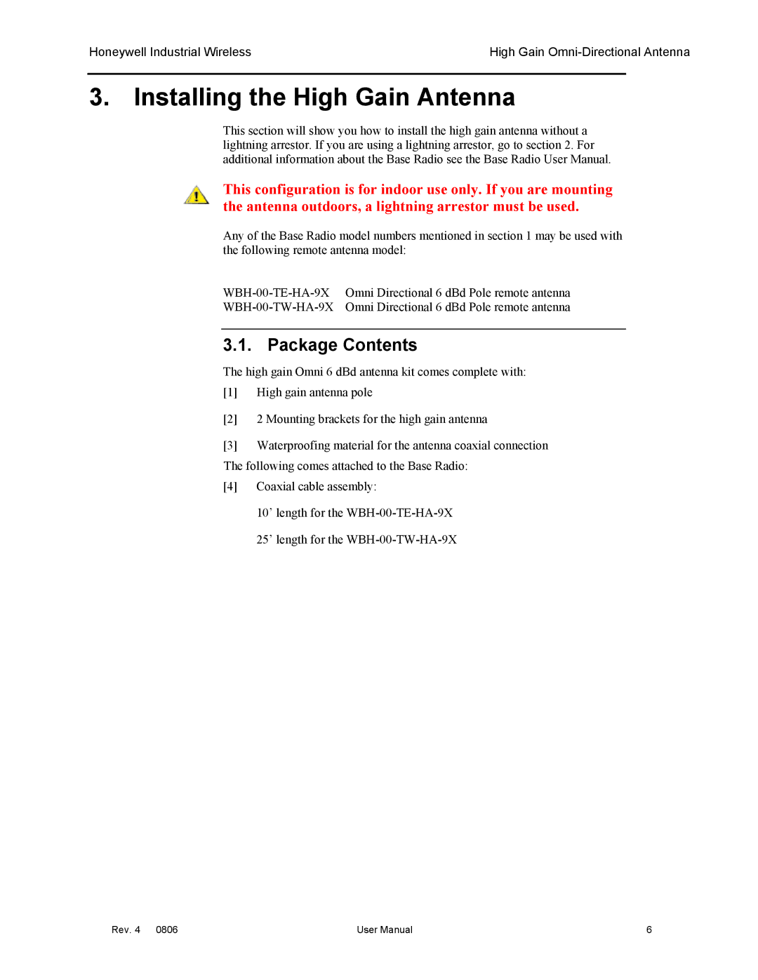 Honeywell High Gain Omni Directional Antenna manual Installing the High Gain Antenna 