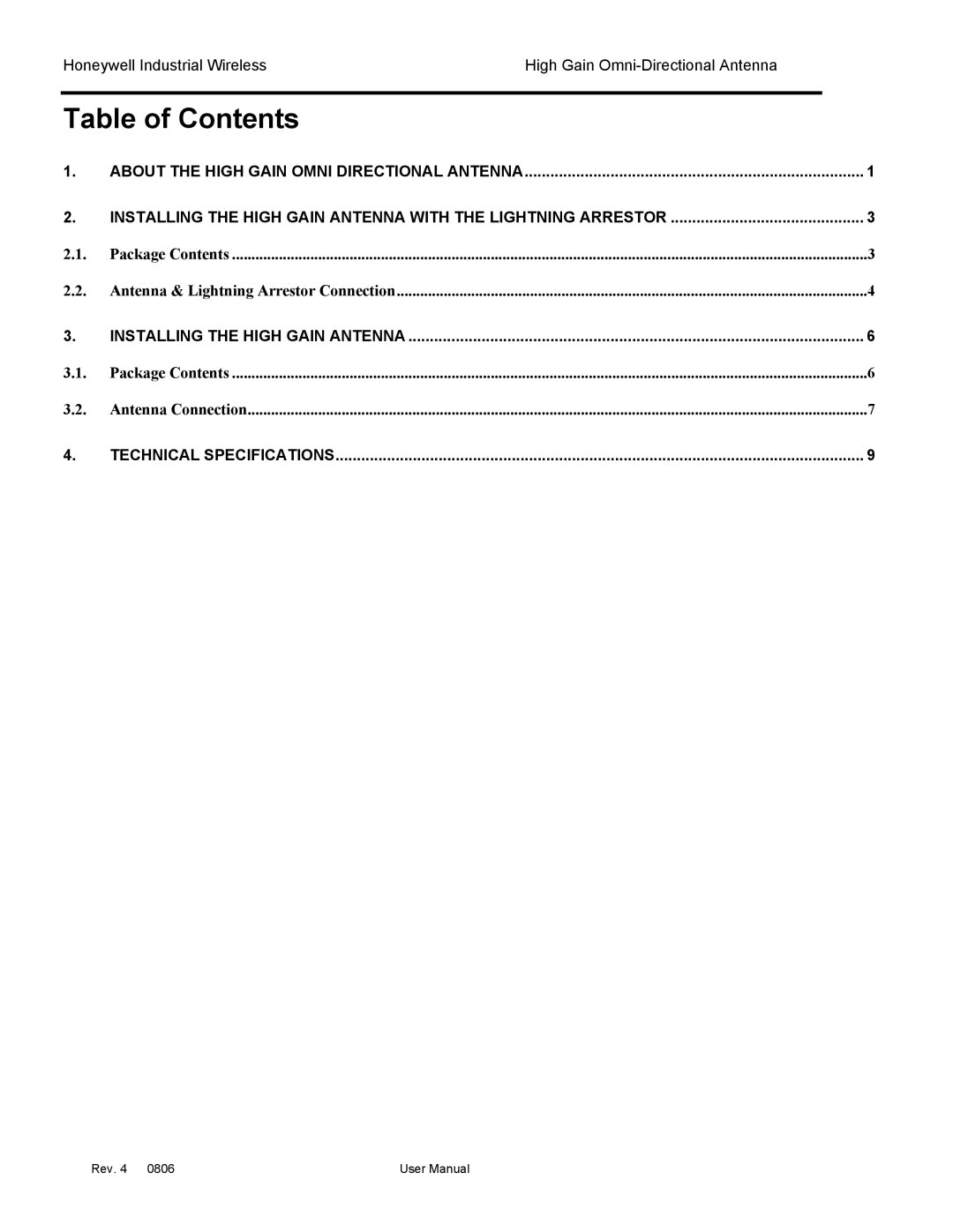 Honeywell High Gain Omni Directional Antenna manual Table of Contents 