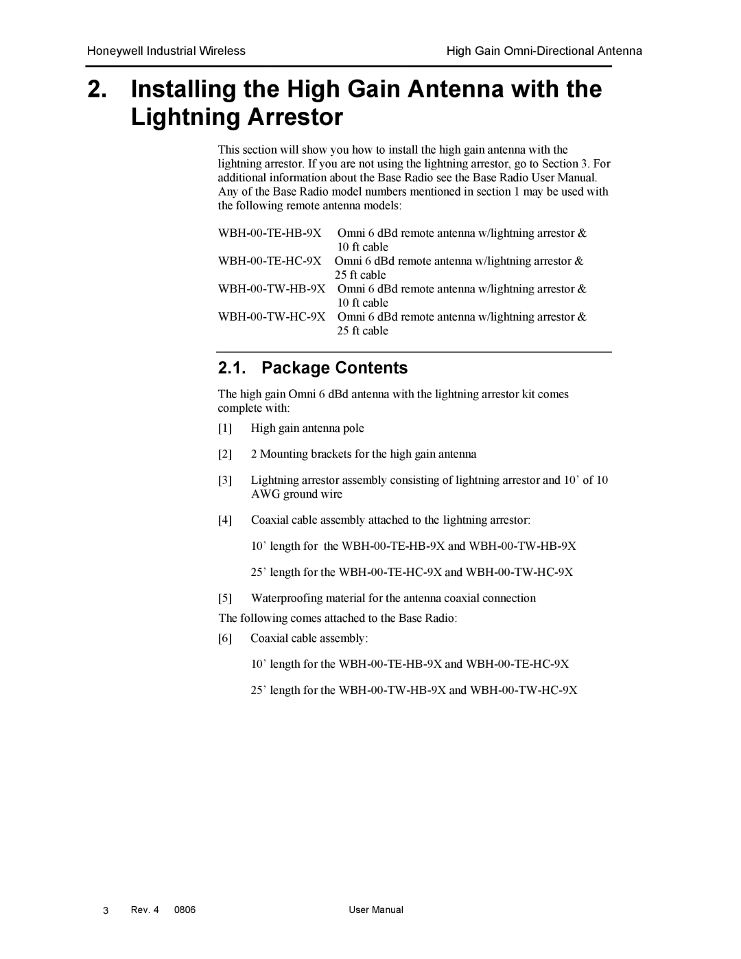 Honeywell High Gain Omni Directional Antenna manual Installing the High Gain Antenna with the Lightning Arrestor 