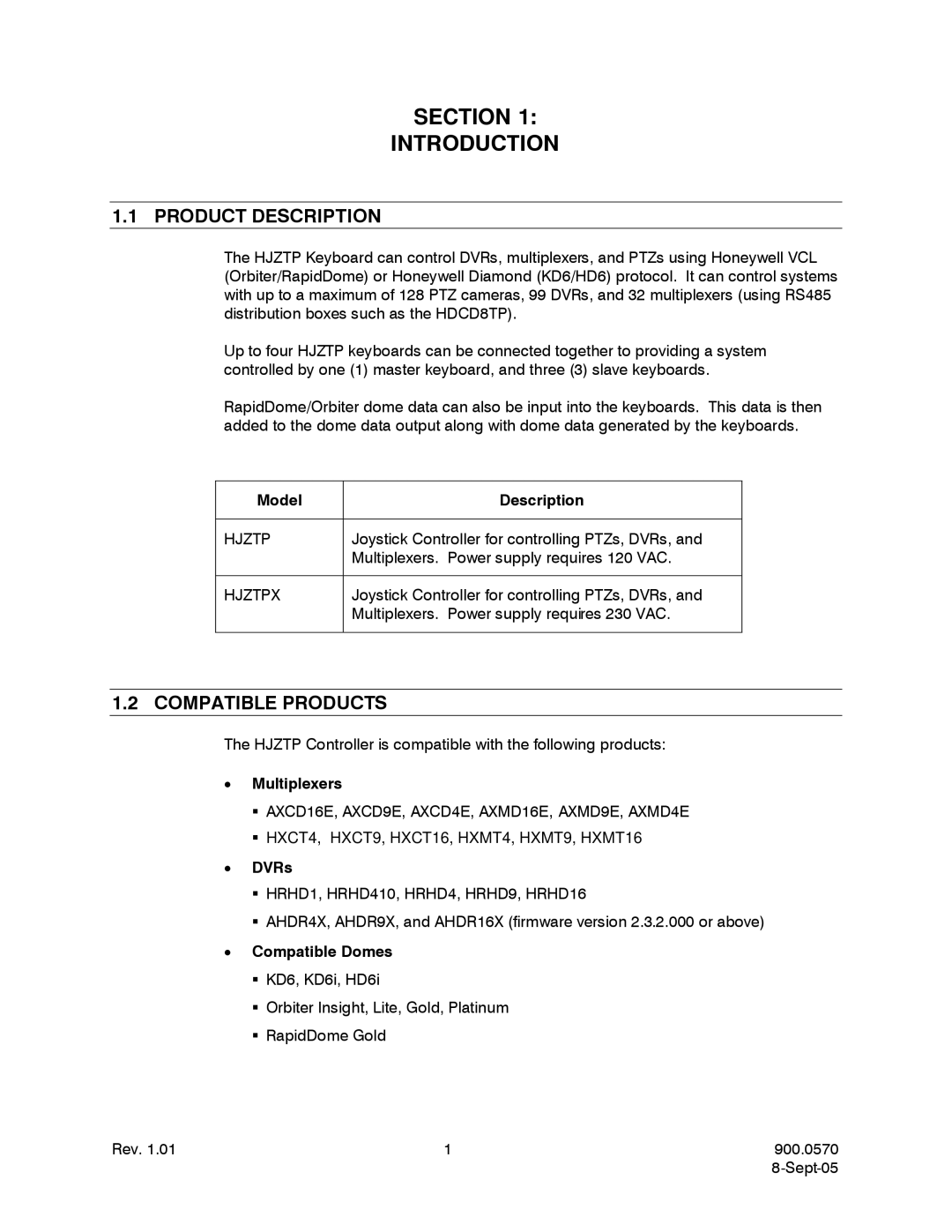 Honeywell HJZTPX user manual Section Introduction, Product Description, Compatible Products 