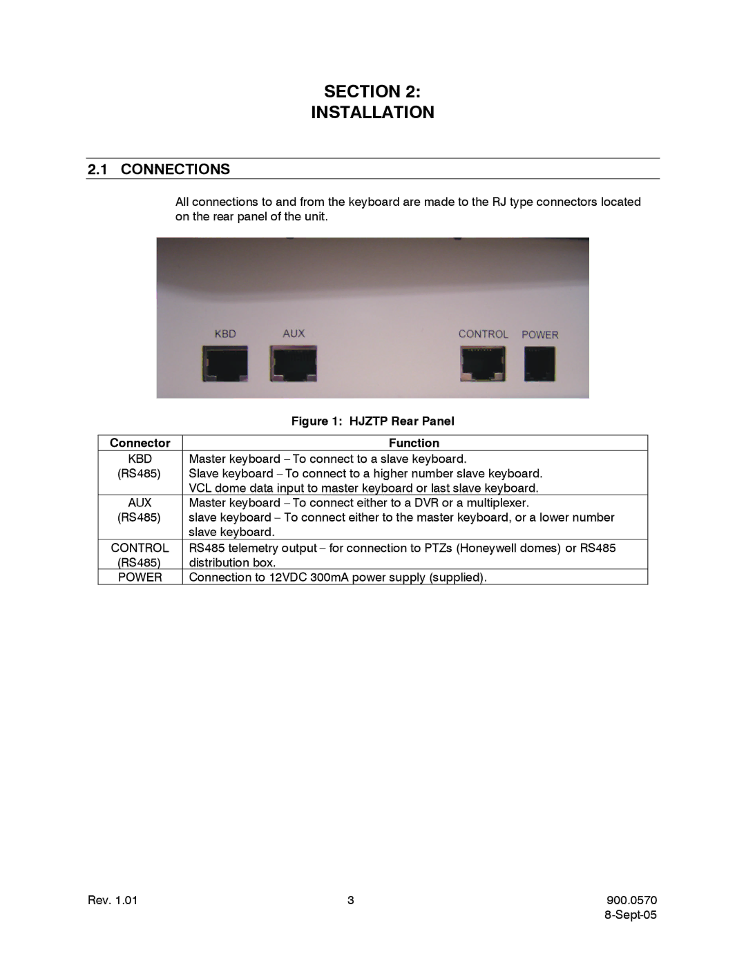 Honeywell HJZTPX user manual Section Installation, Connections, Connector Function 