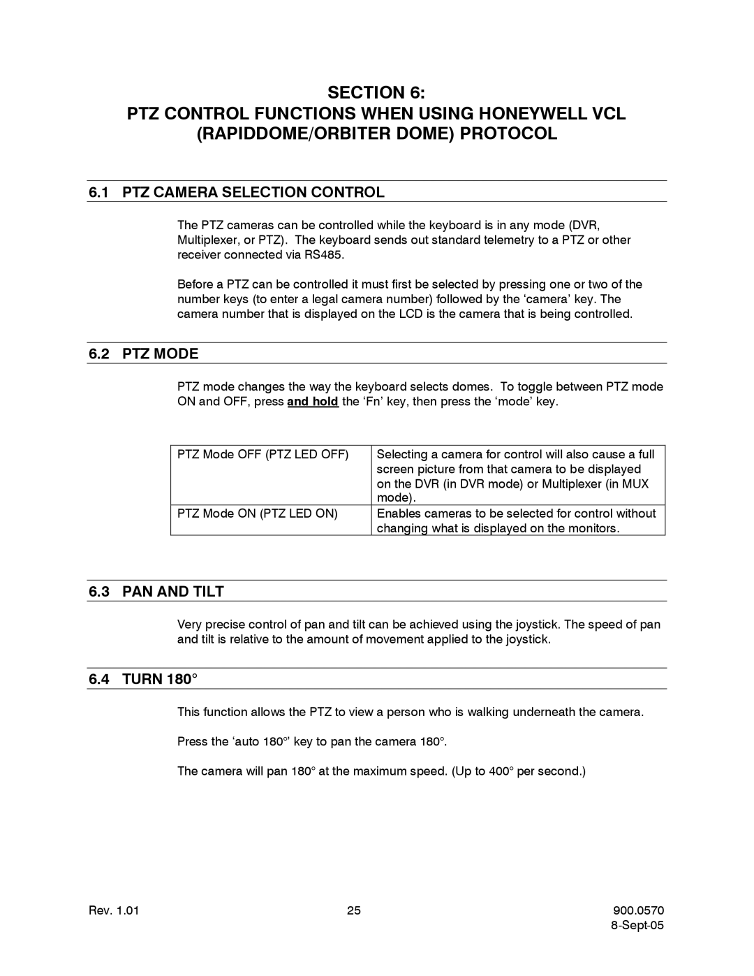 Honeywell HJZTPX user manual PTZ Camera Selection Control, PTZ Mode, PAN and Tilt 