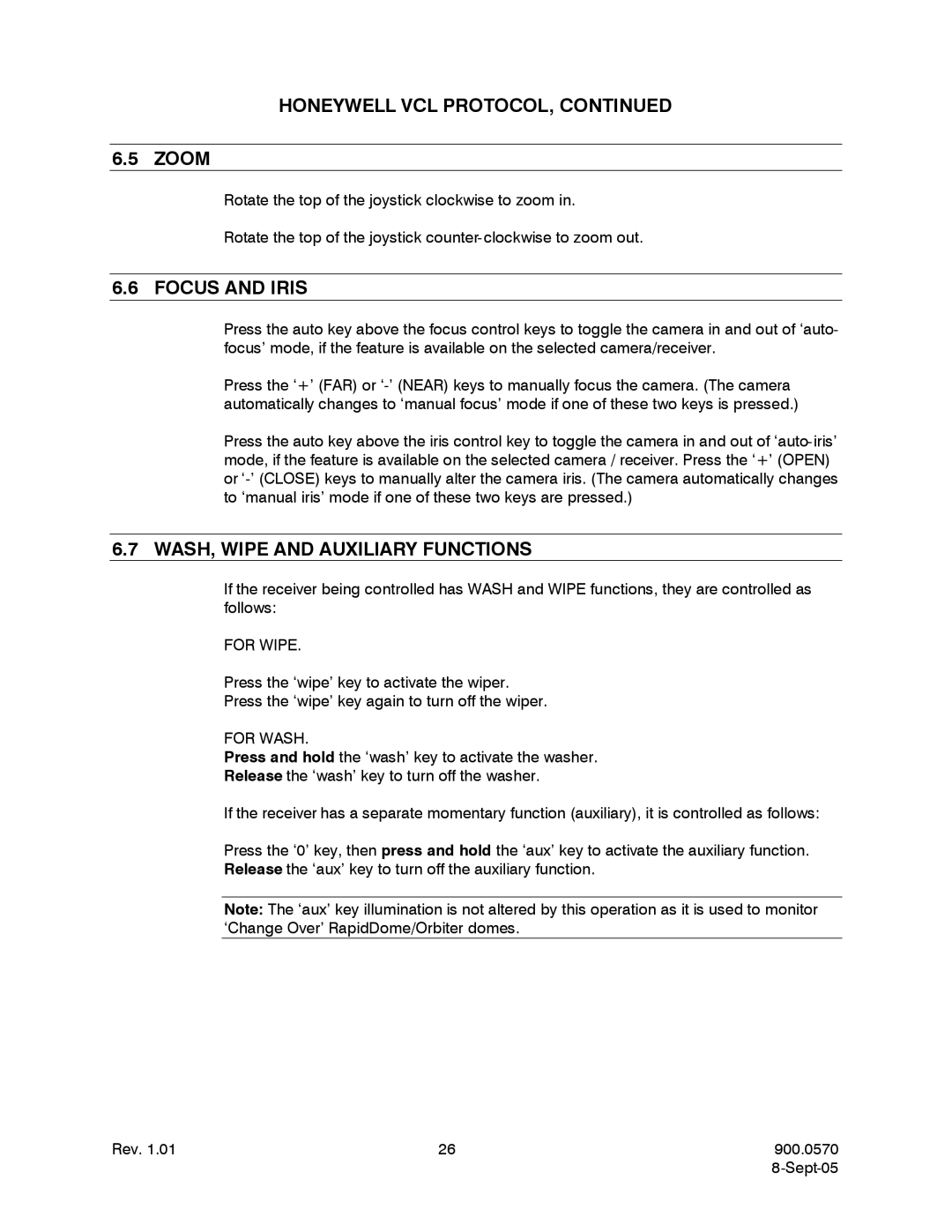 Honeywell HJZTPX user manual Honeywell VCL Protocol, Focus and Iris, WASH, Wipe and Auxiliary Functions 