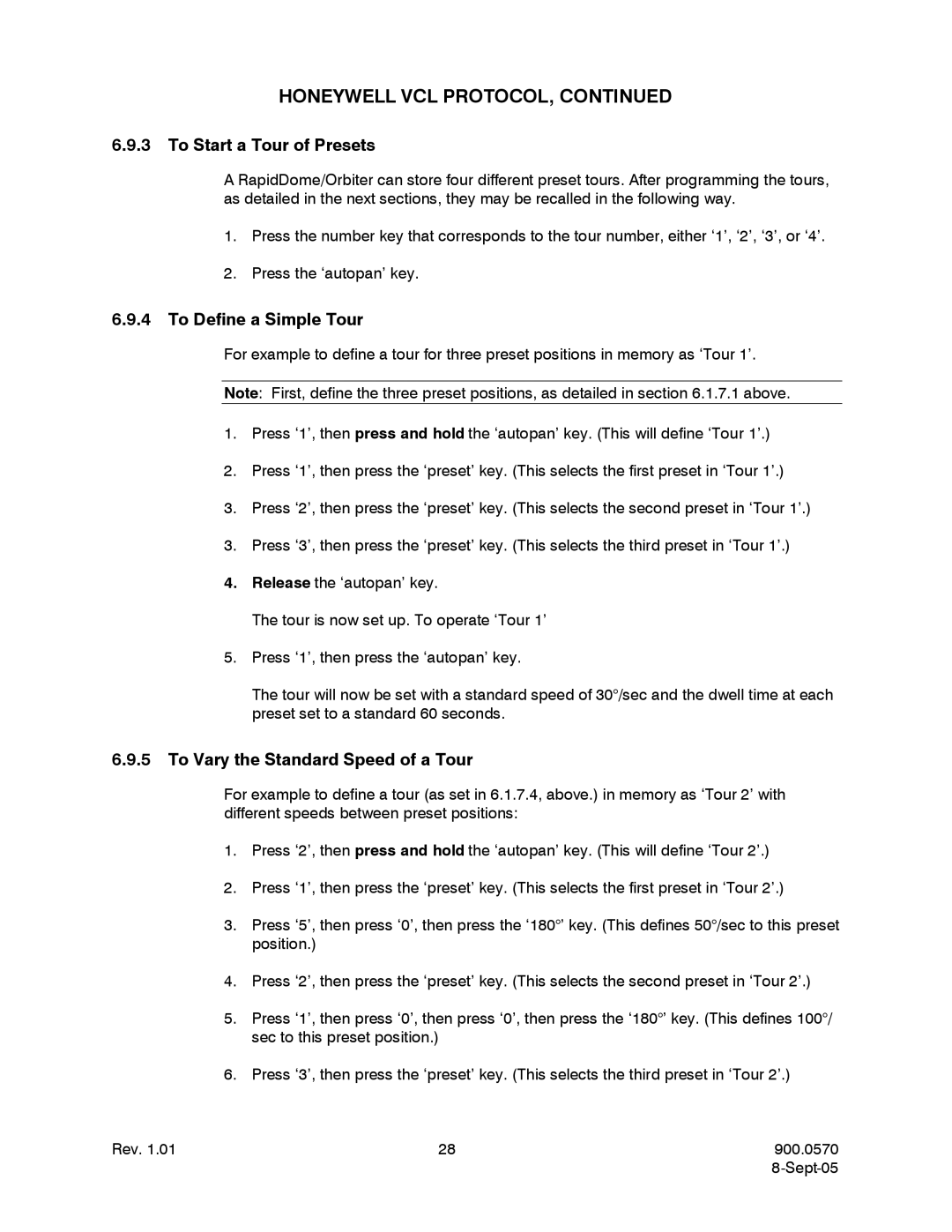 Honeywell HJZTPX user manual To Start a Tour of Presets, To Define a Simple Tour, To Vary the Standard Speed of a Tour 