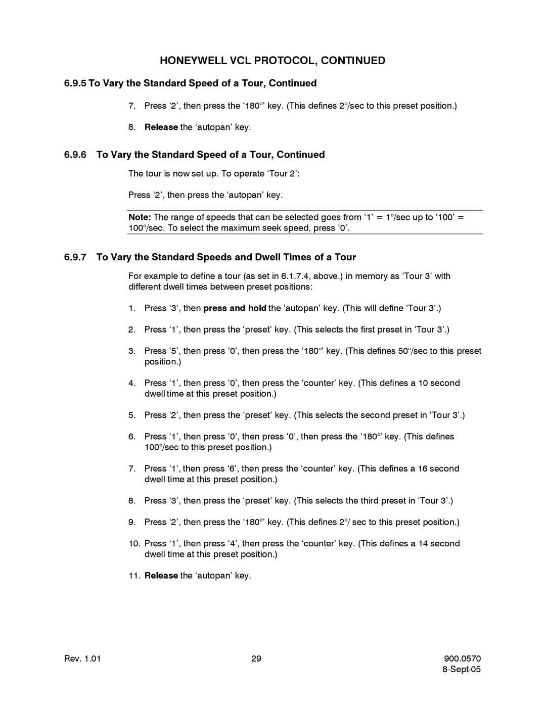 Honeywell HJZTPX user manual To Vary the Standard Speeds and Dwell Times of a Tour 