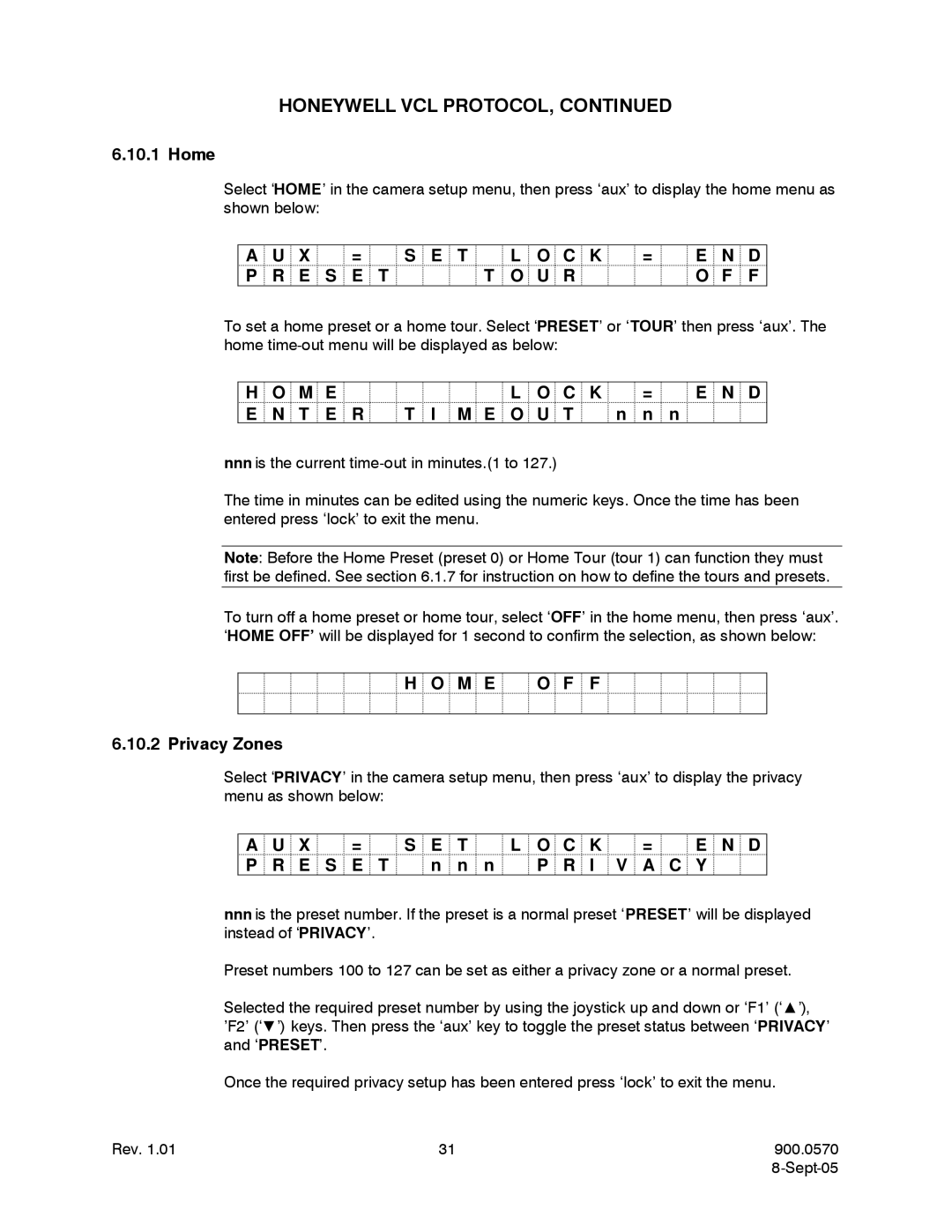 Honeywell HJZTPX user manual Home, U R, M E T E M E O, M E O F F Privacy Zones, A C Y 