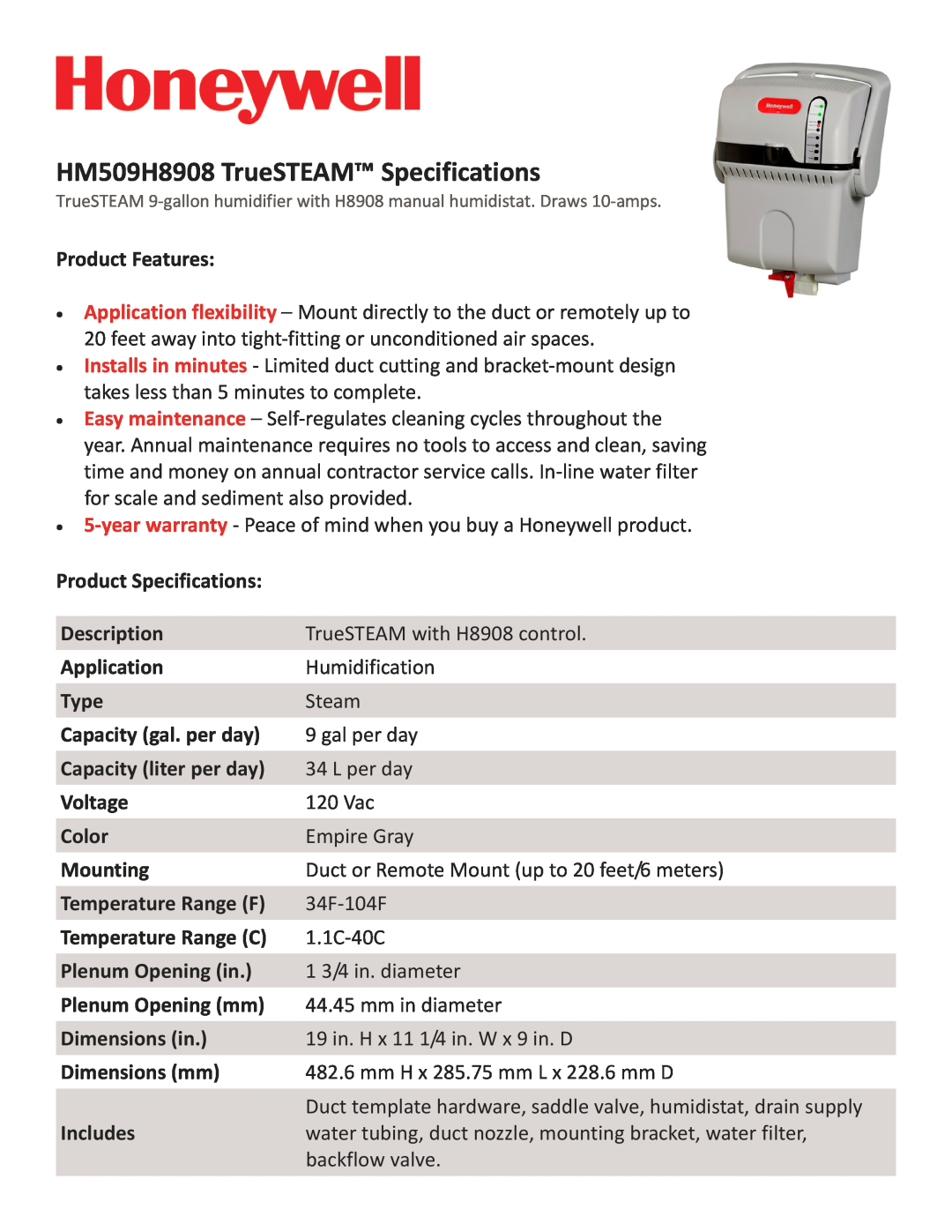 Honeywell HM506H8908 specifications HM509H8908 TrueSTEAM Specifications 