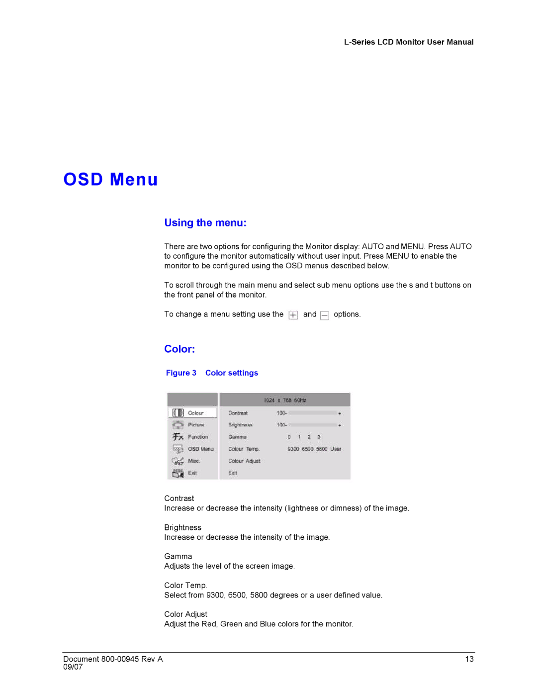 Honeywell HMLCD19L, HMLCD17L user manual OSD Menu, Using the menu 