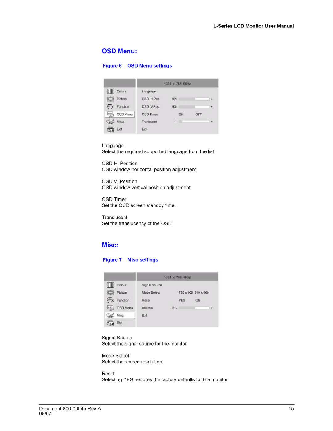 Honeywell HMLCD19L, HMLCD17L user manual OSD Menu 