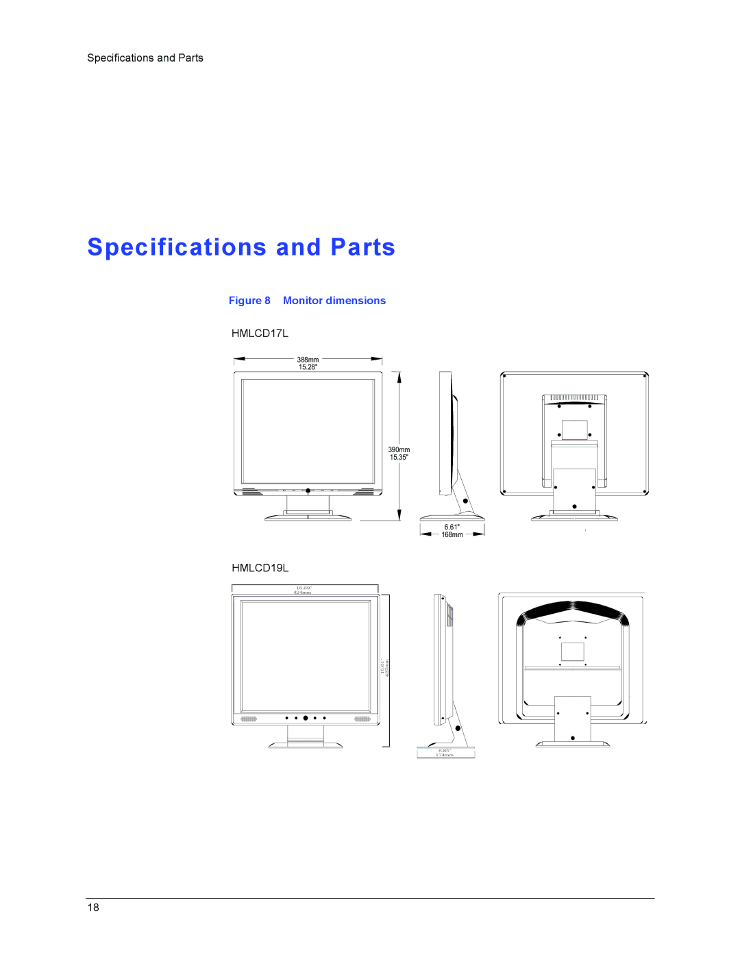 Honeywell HMLCD17L, HMLCD19L user manual Specifications and Parts, Monitor dimensions 