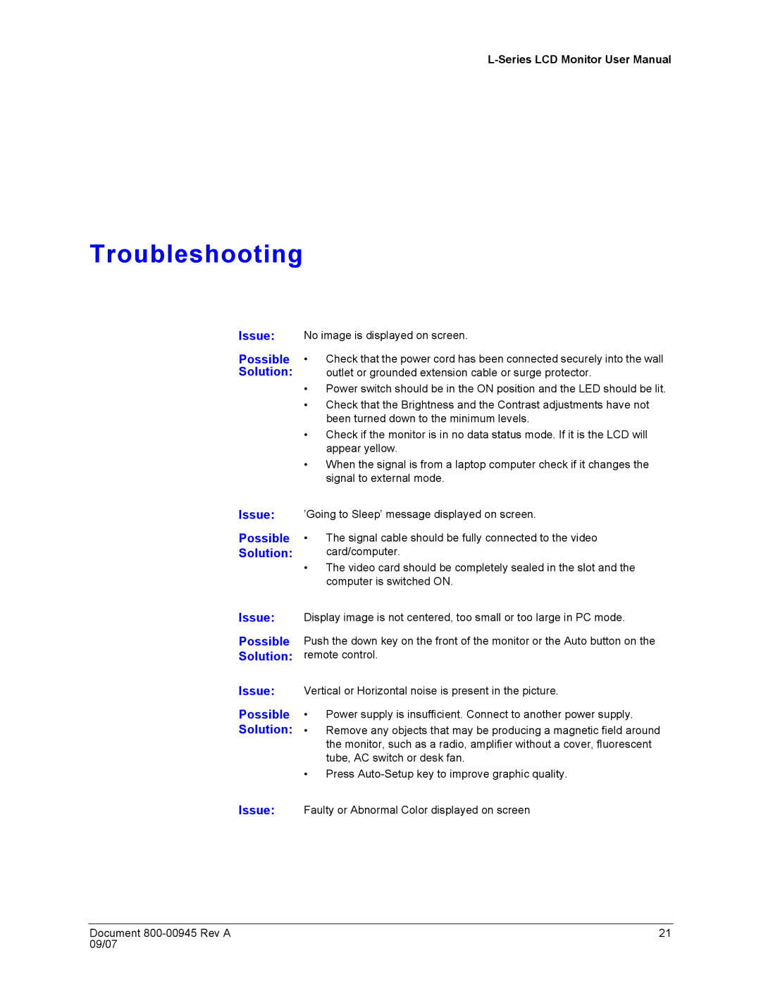 Honeywell HMLCD19L, HMLCD17L user manual Troubleshooting, Solution 