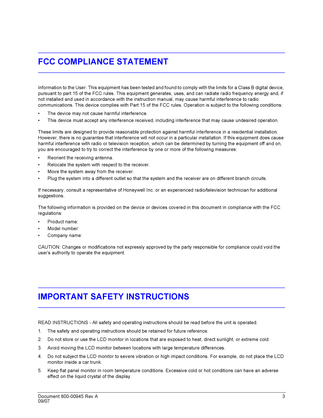 Honeywell HMLCD19L, HMLCD17L user manual FCC Compliance Statement 