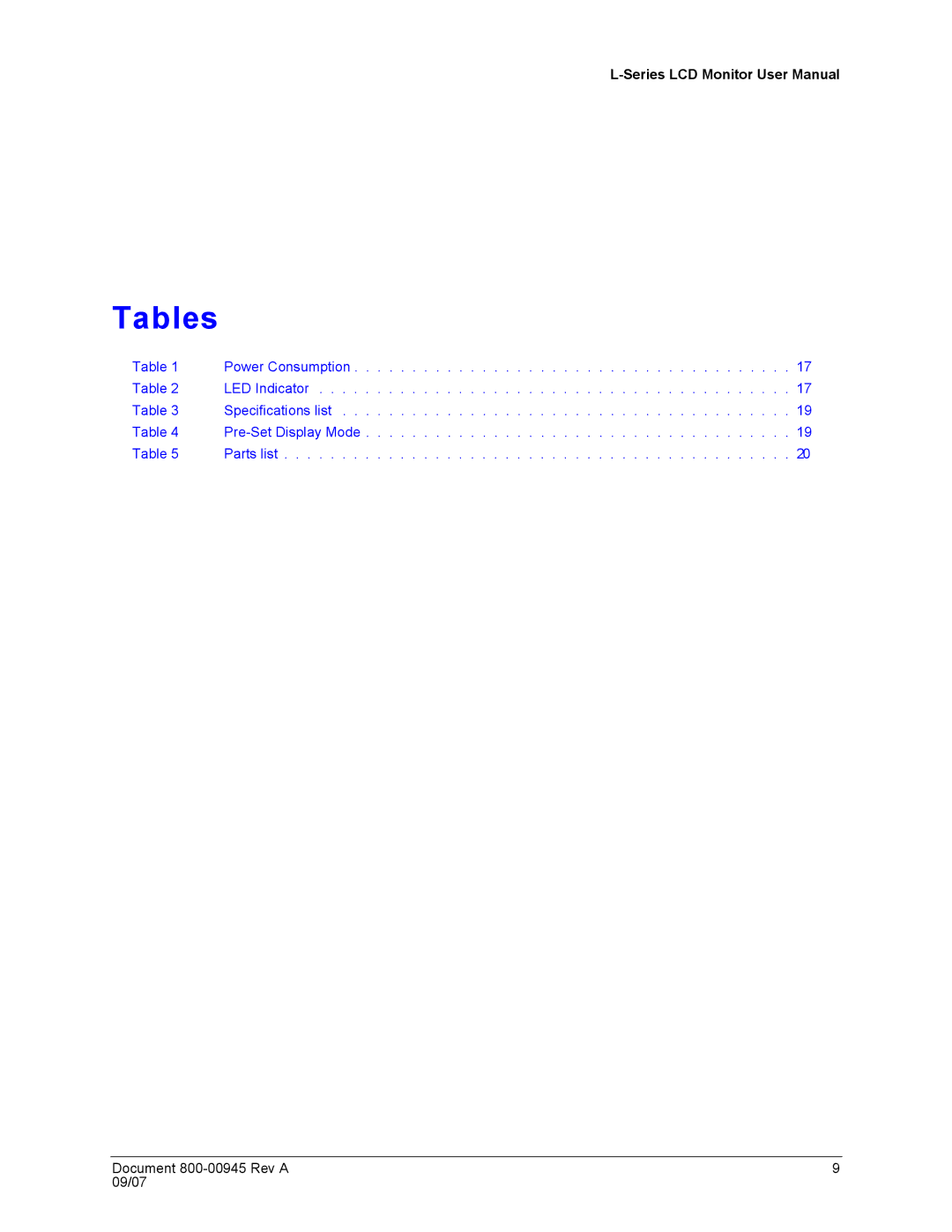 Honeywell HMLCD19L, HMLCD17L user manual Tables 