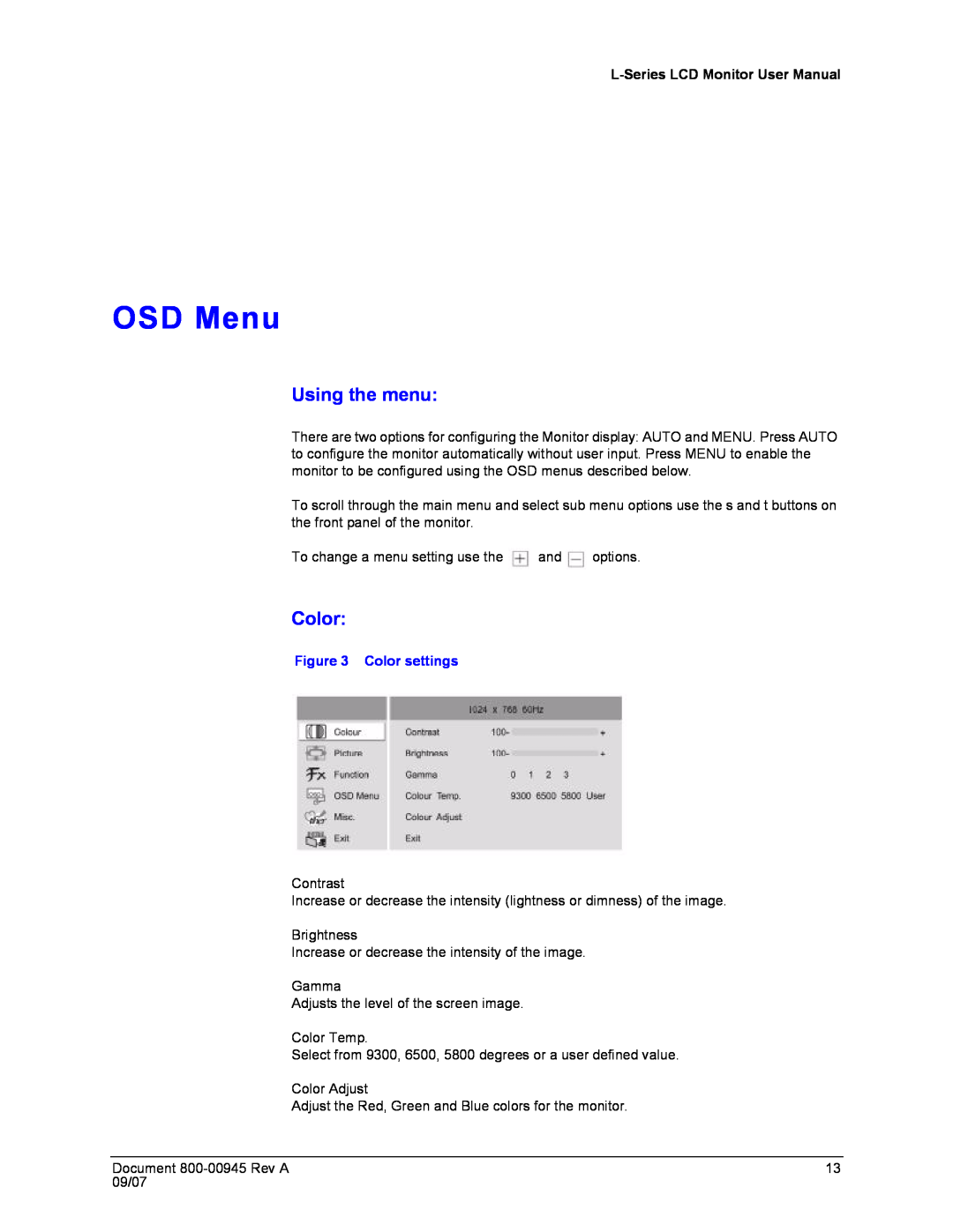 Honeywell HMLCD19L, HMLCD17L user manual OSD Menu, Using the menu, Color settings 
