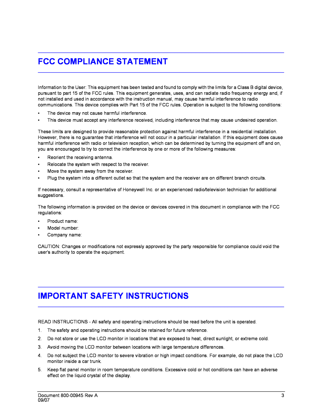 Honeywell HMLCD19L, HMLCD17L user manual Fcc Compliance Statement, Important Safety Instructions 