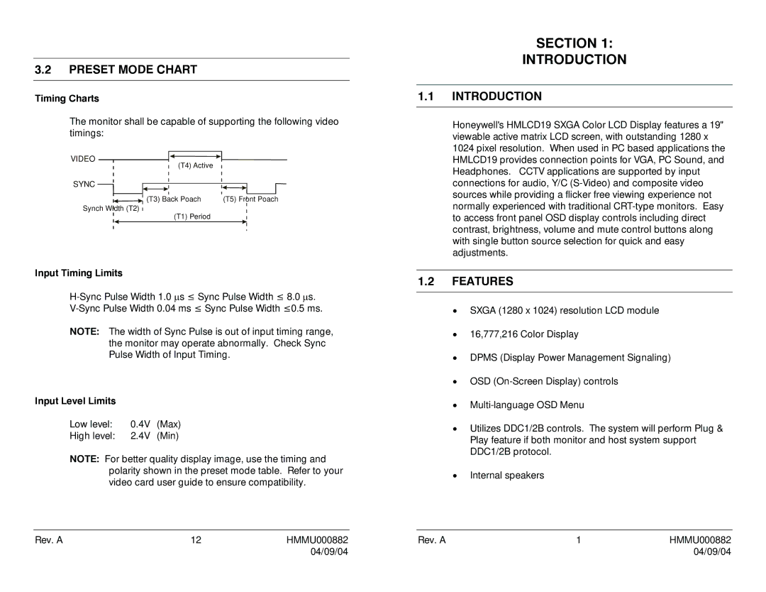 Honeywell HMLCD19 user manual Section Introduction, Features, Input Timing Limits, Input Level Limits 