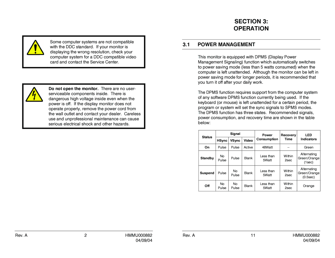 Honeywell HMLCD19 user manual Section Operation, Power Management 