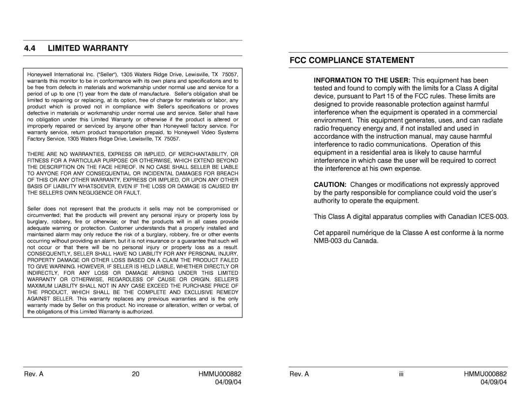 Honeywell HMLCD19 user manual Limited Warranty, FCC Compliance Statement 