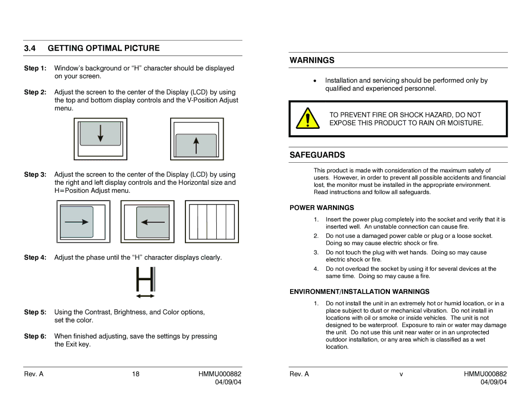 Honeywell HMLCD19 user manual Getting Optimal Picture, Safeguards, Power Warnings, ENVIRONMENT/INSTALLATION Warnings 