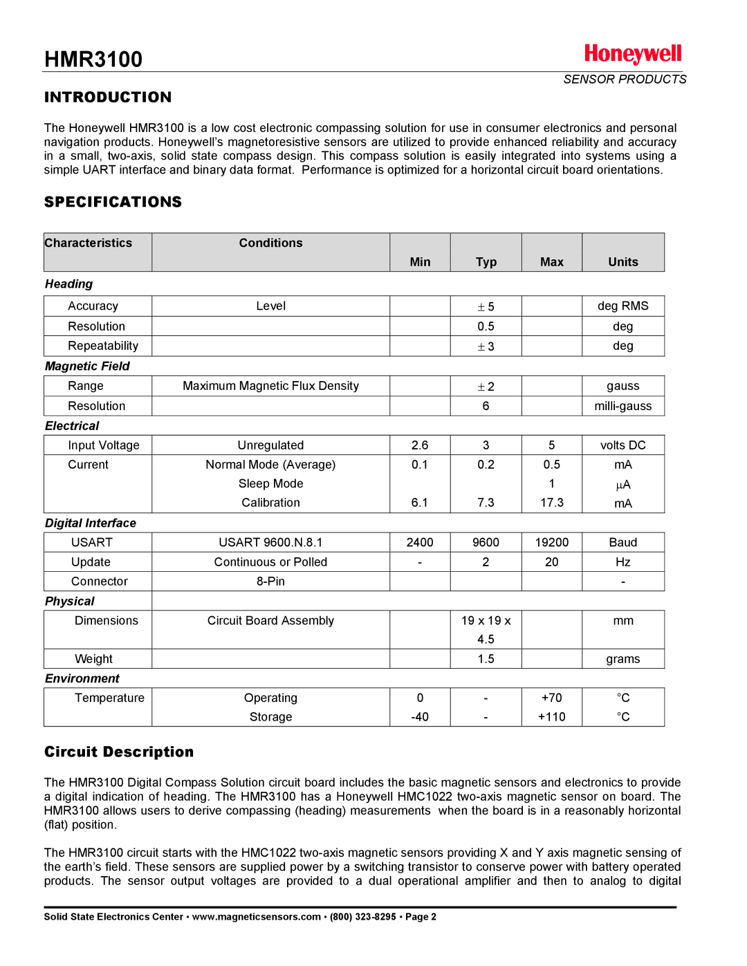 Honeywell HMR3100 manual Introduction, Circuit Description 