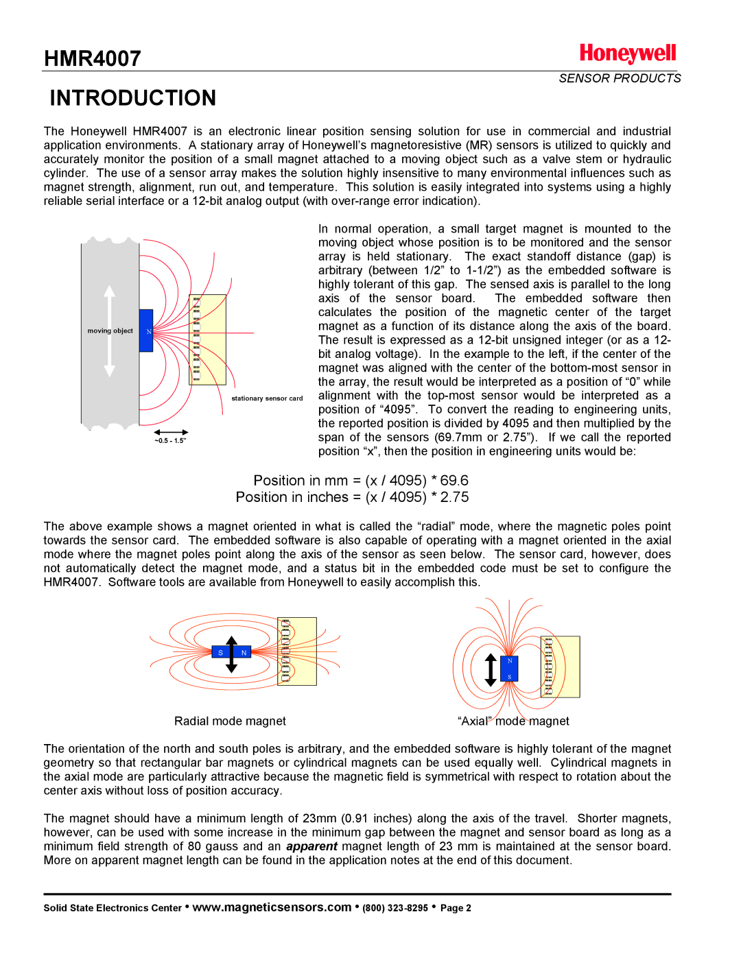 Honeywell HMR4007 manual Introduction, Position in mm = x / 4095 Position in inches = x / 4095 