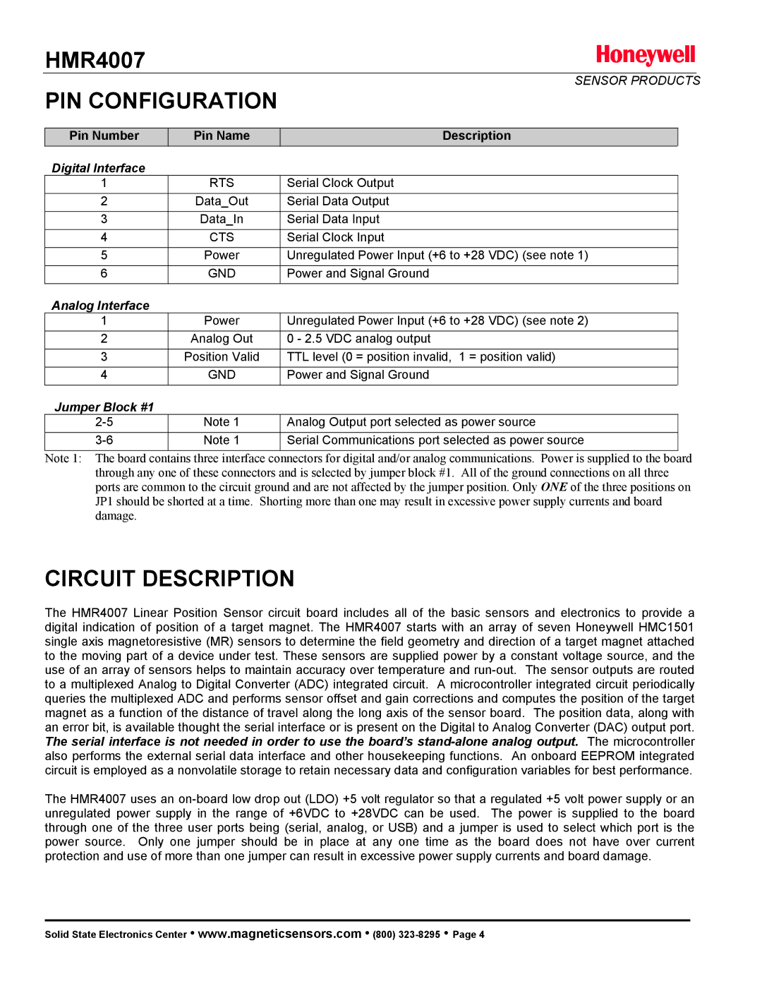 Honeywell HMR4007 manual PIN Configuration, Circuit Description, Pin Number Pin Name Description, Jumper Block #1 