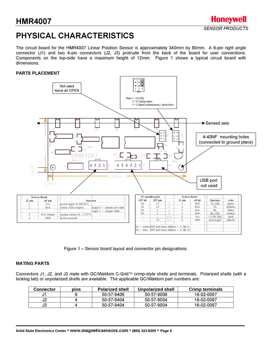 Honeywell HMR4007 manual Physical Characteristics, Parts Placement, Mating Parts 