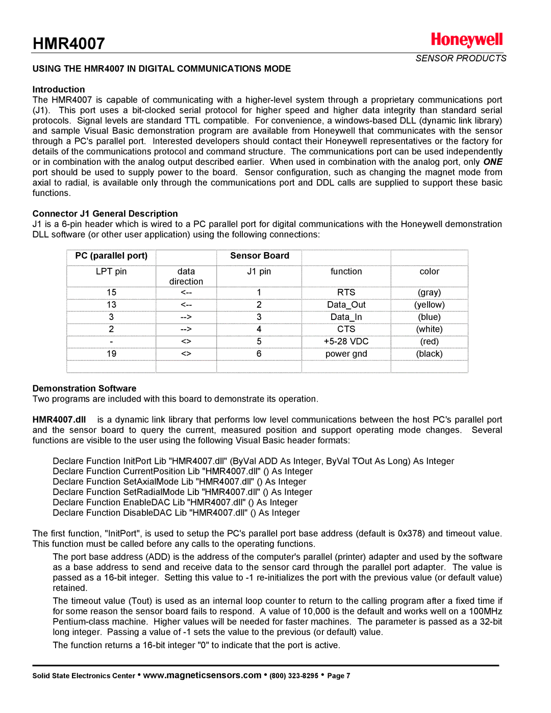 Honeywell Using the HMR4007 in Digital Communications Mode, Connector J1 General Description, Demonstration Software 