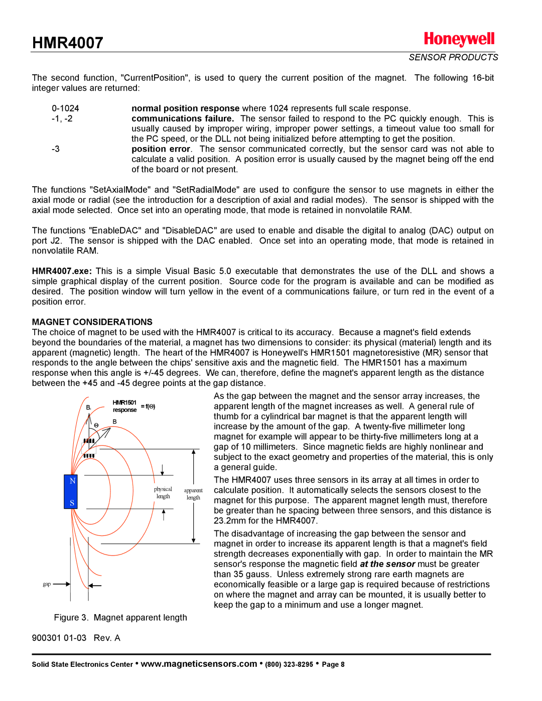 Honeywell HMR4007 manual Magnet Considerations, Magnet apparent length 900301 01-03 Rev. a 