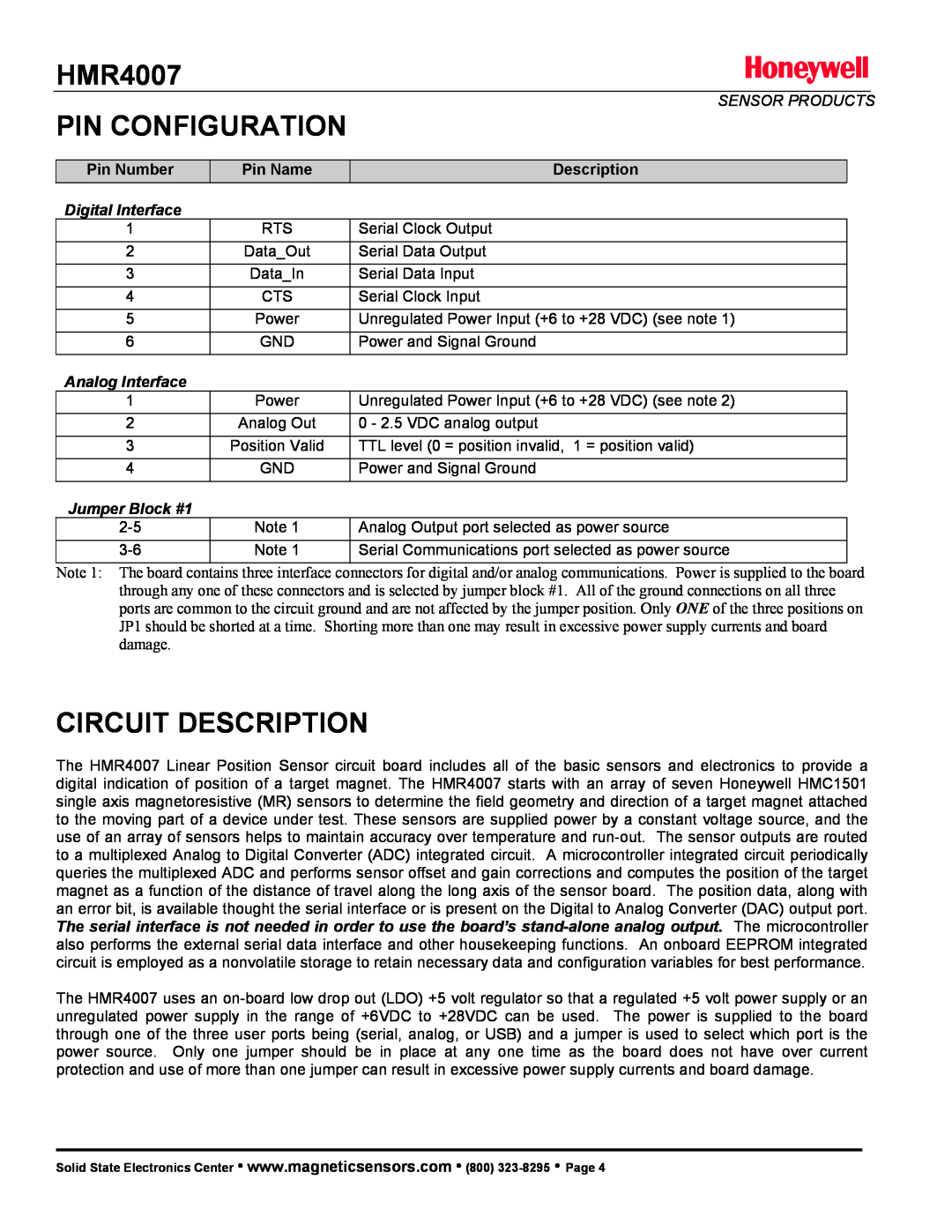 Honeywell HMR4007 manual Pin Configuration, Circuit Description, Pin Number, Pin Name, Jumper Block #1, Sensor Products 