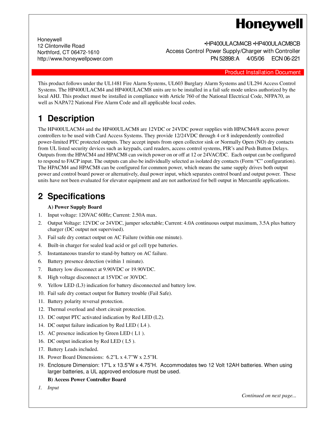 Honeywell HP40ULACM4CB specifications Description, Specifications, Power Supply Board, Access Power Controller Board 