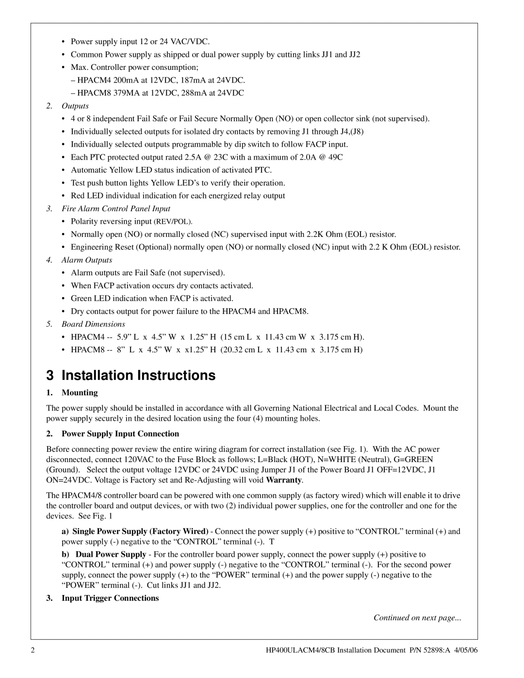 Honeywell HP40ULACM4CB Installation Instructions, Mounting, Power Supply Input Connection, Input Trigger Connections 