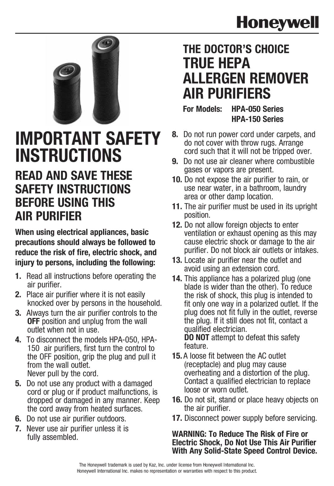 Honeywell HPA050 important safety instructions Important Safety Instructions, For Models HPA-050 Series HPA-150 Series 