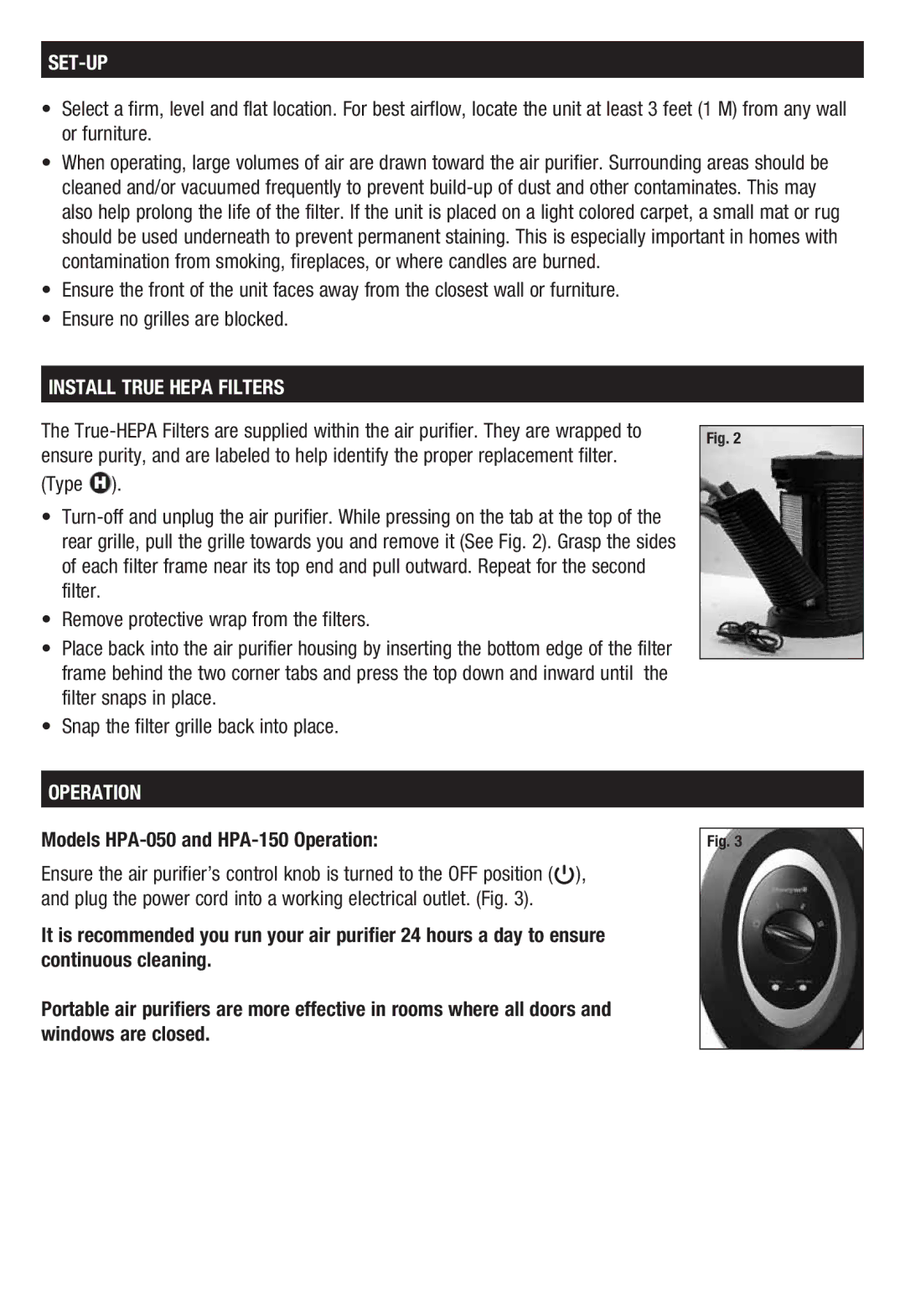 Honeywell HPA050 important safety instructions Set-Up, Install True Hepa Filters, Models HPA-050 and HPA-150 Operation 