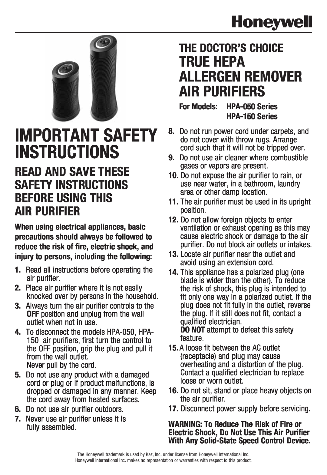 Honeywell HPA050 important safety instructions For Models HPA-050Series HPA-150Series, Important Safety Instructions 