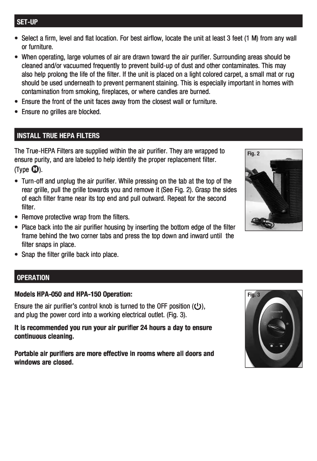 Honeywell HPA050 important safety instructions Set-Up, Install True Hepa Filters, Operation 