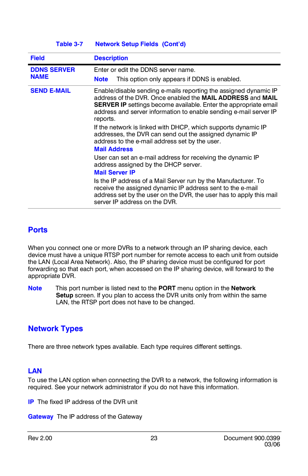 Honeywell HRDE4X4 manual Network Setup Fields Cont’d, Ddns Server, Name Send E-MAIL, Mail Address, Mail Server IP 