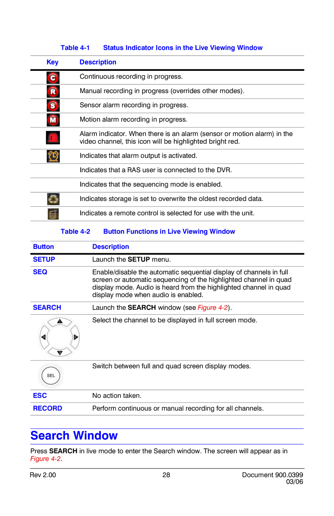 Honeywell HRDE4X4 manual Search Window, Button Functions in Live Viewing Window, Button Description 