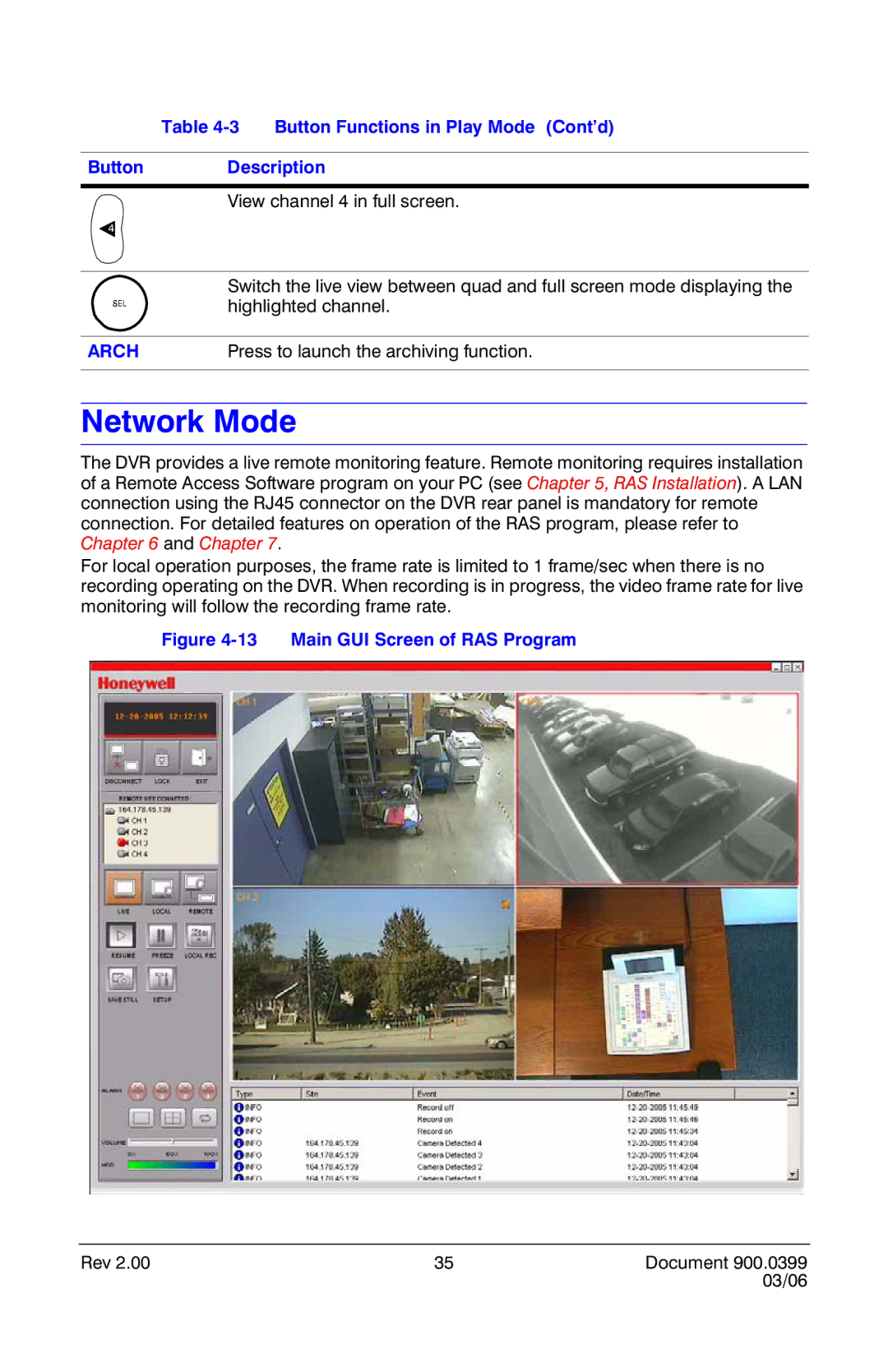 Honeywell HRDE4X4 manual Network Mode, Highlighted channel, Press to launch the archiving function 