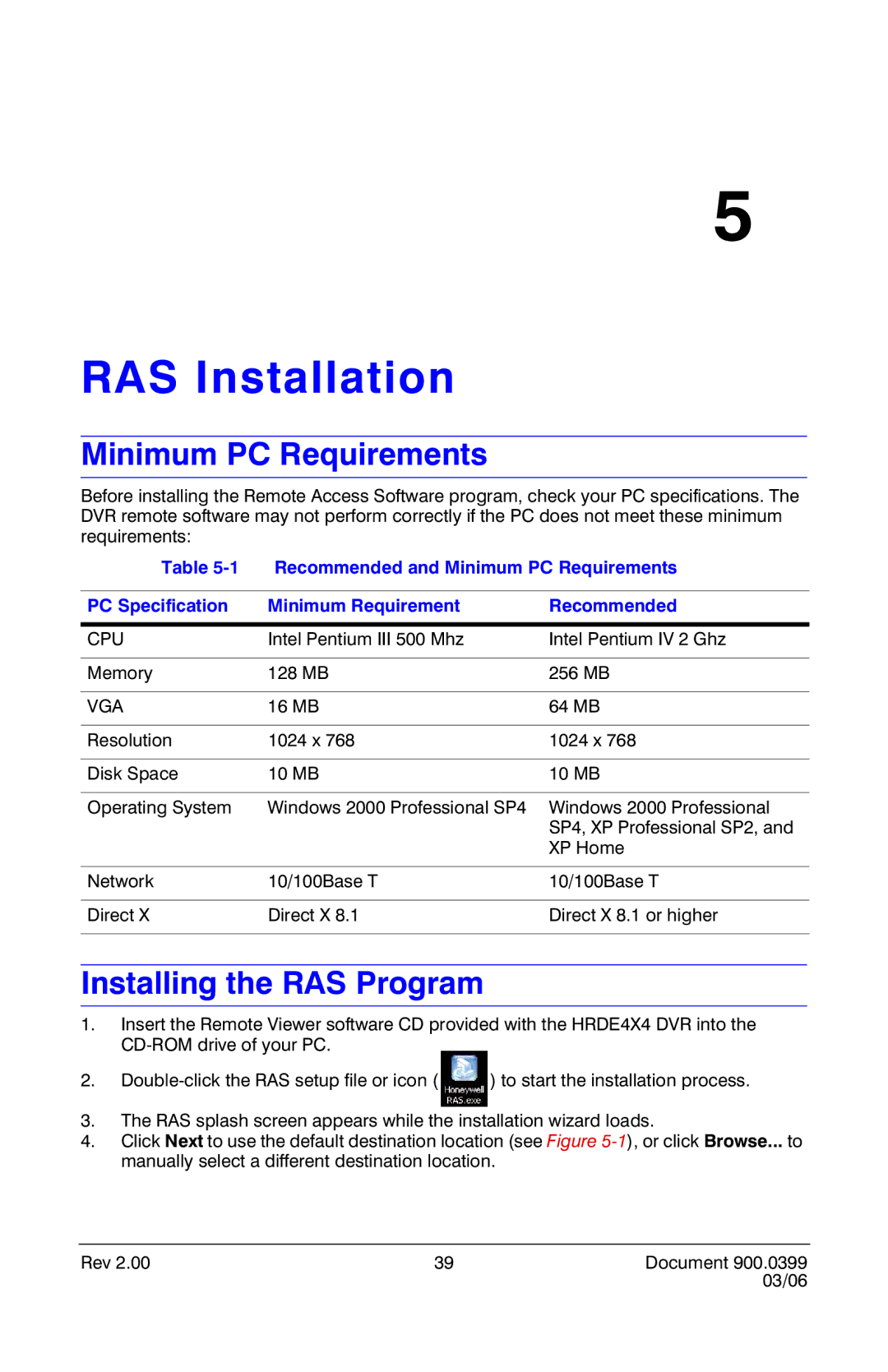 Honeywell HRDE4X4 manual RAS Installation, Minimum PC Requirements, Installing the RAS Program 