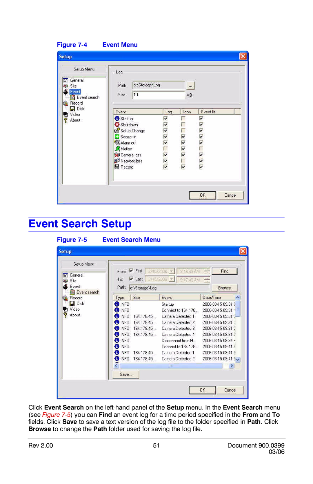 Honeywell HRDE4X4 manual Event Search Setup, Event Search Menu 