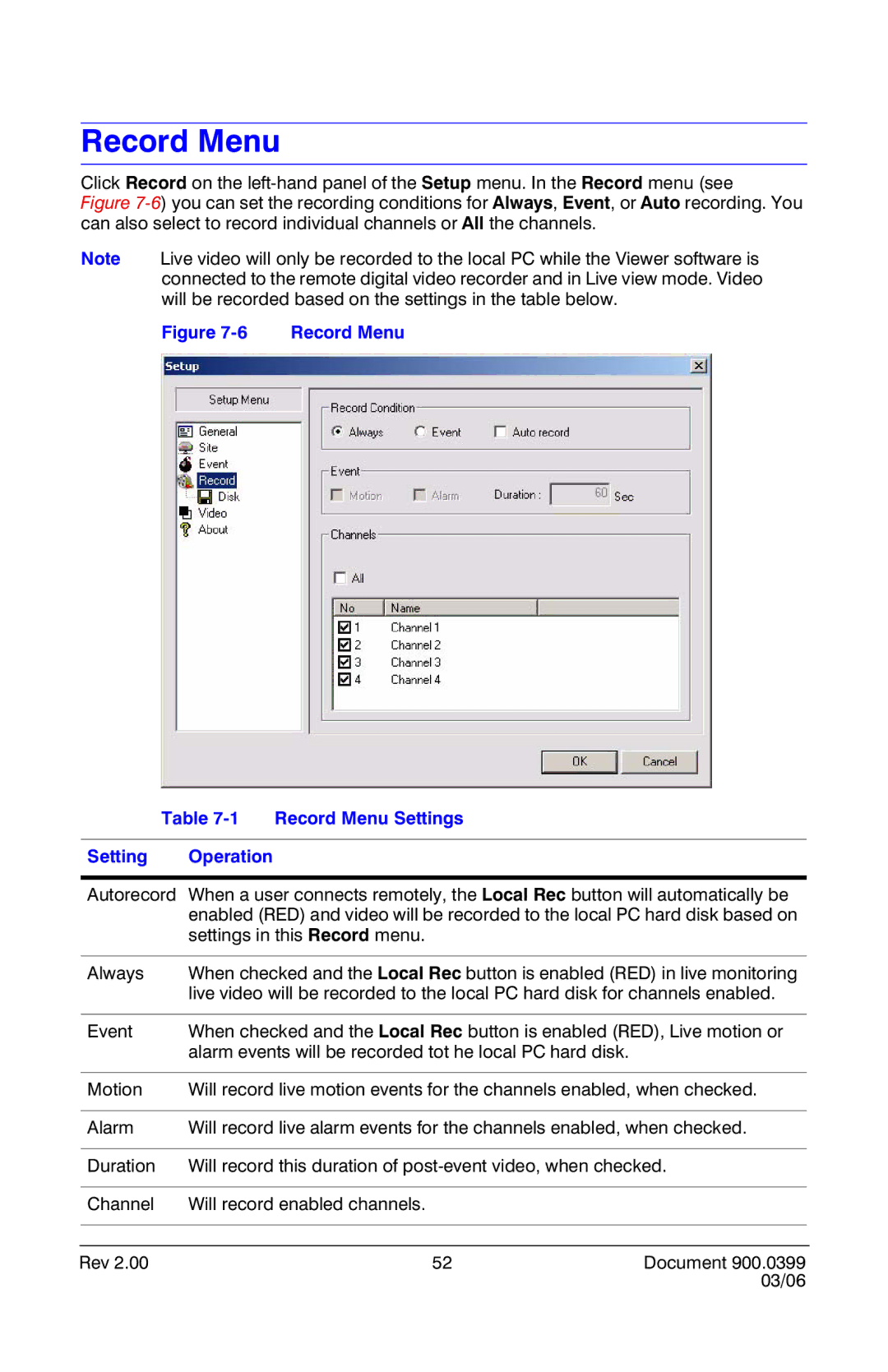 Honeywell HRDE4X4 manual Record Menu Settings Setting Operation 