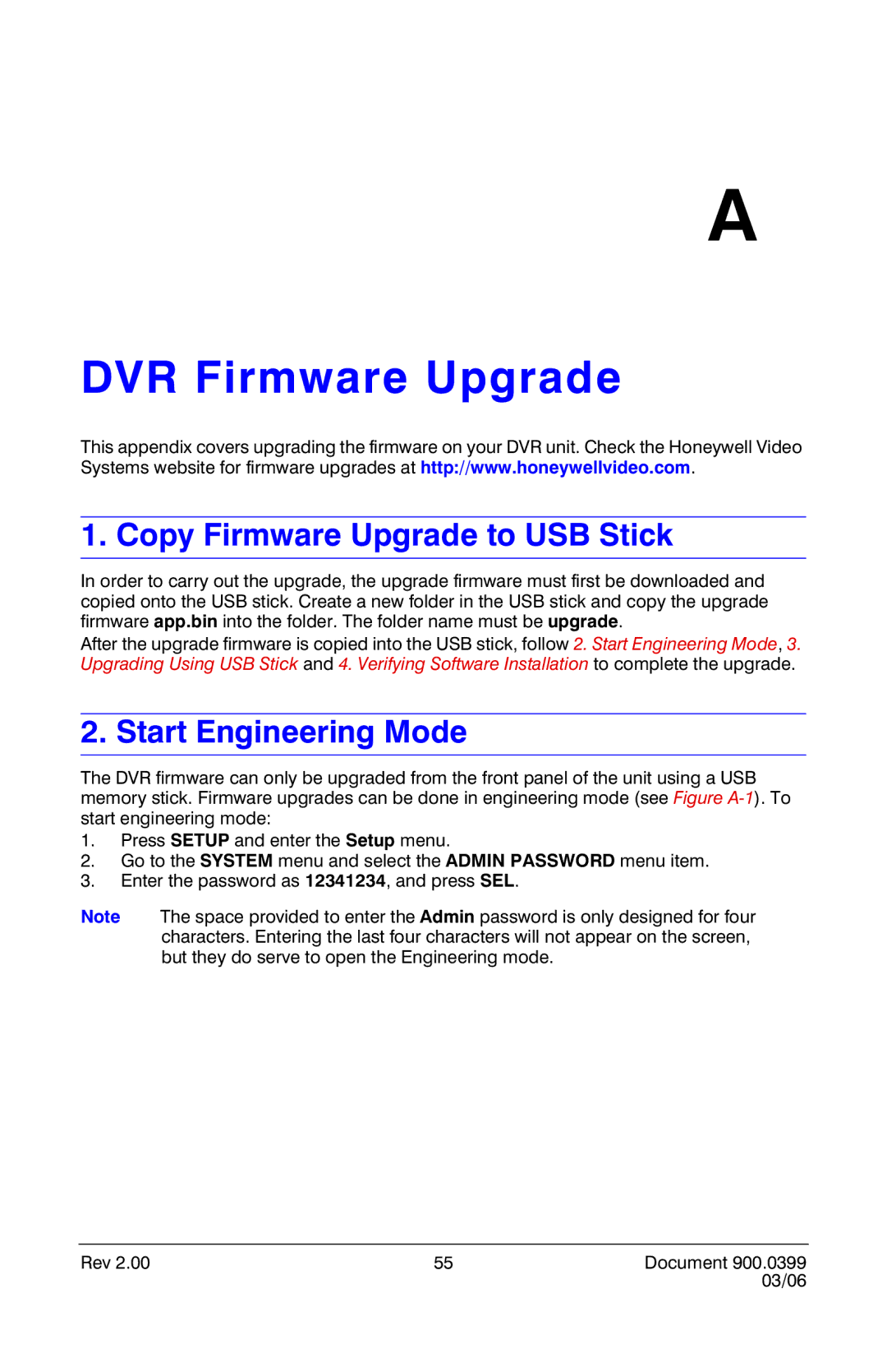 Honeywell HRDE4X4 manual DVR Firmware Upgrade, Copy Firmware Upgrade to USB Stick, Start Engineering Mode 