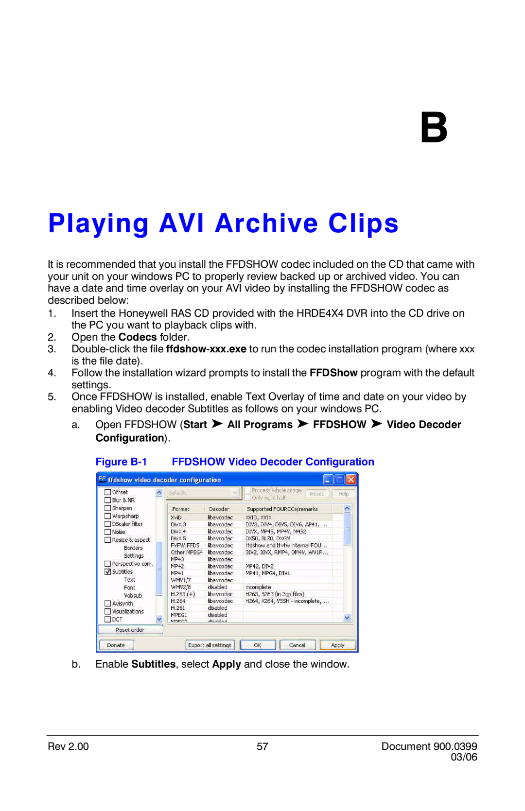 Honeywell HRDE4X4 manual Playing AVI Archive Clips, Figure B-1 Ffdshow Video Decoder Configuration 