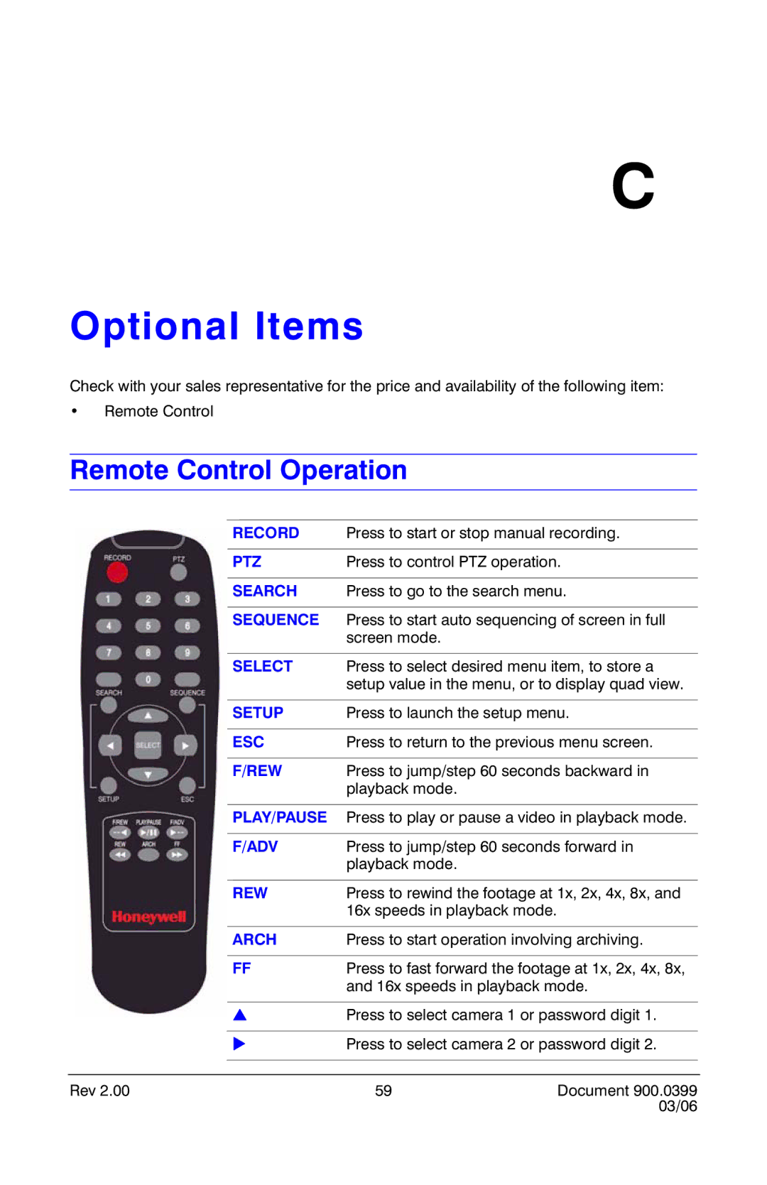 Honeywell HRDE4X4 manual Optional Items, Remote Control Operation 