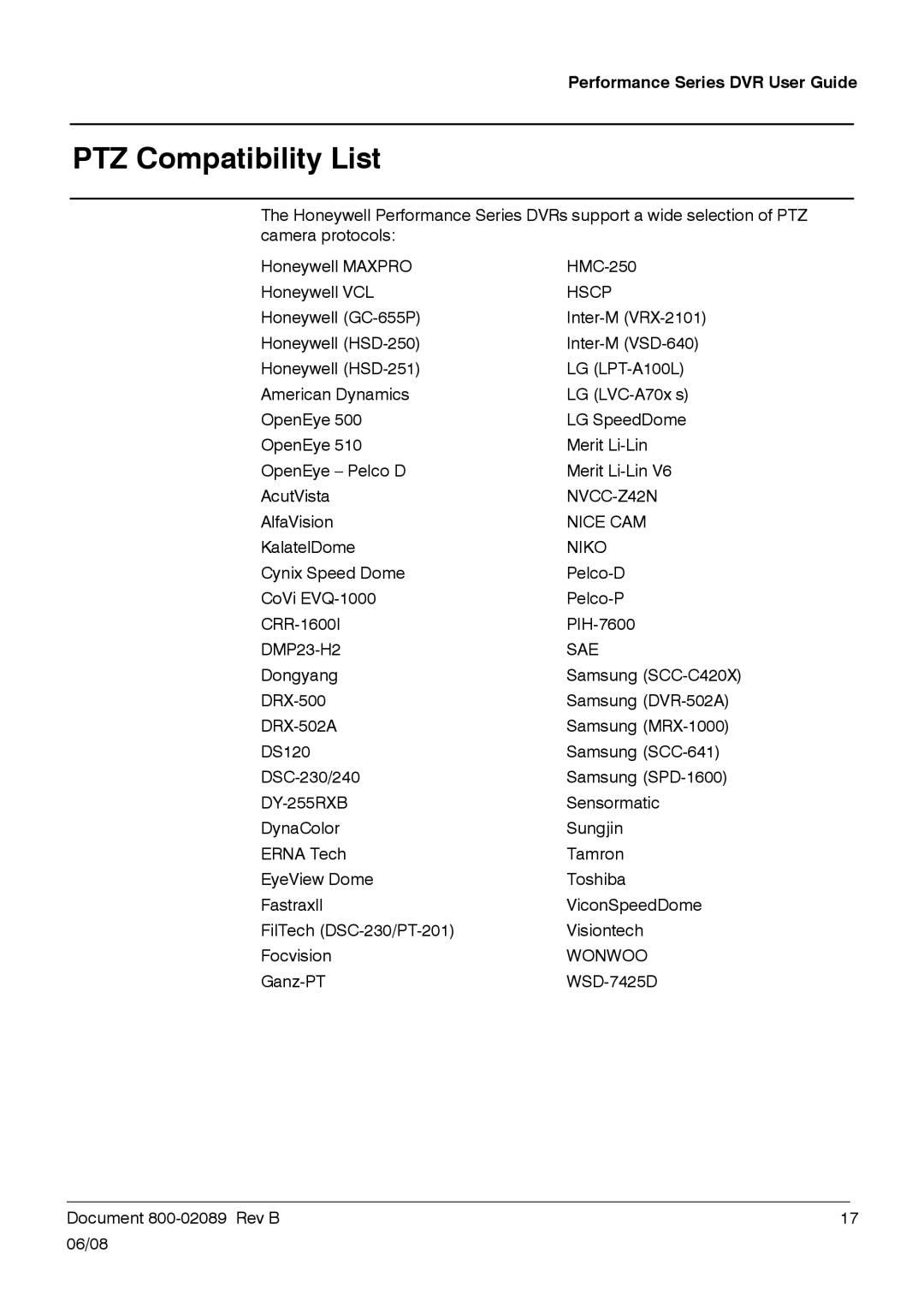 Honeywell HRDP DVR manual PTZ Compatibility List, Hscp 