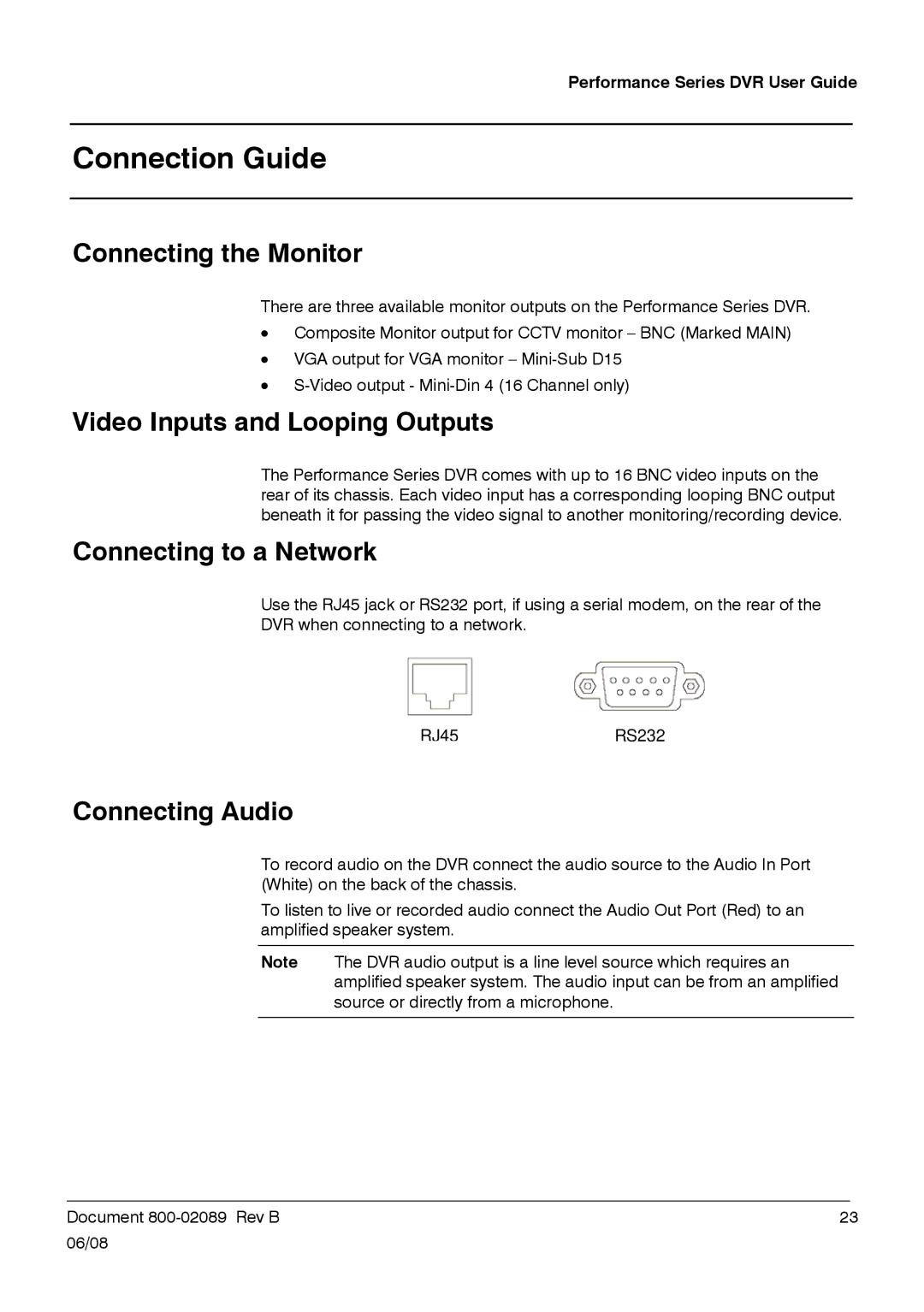 Honeywell HRDP DVR Connection Guide, Connecting the Monitor, Video Inputs and Looping Outputs, Connecting to a Network 