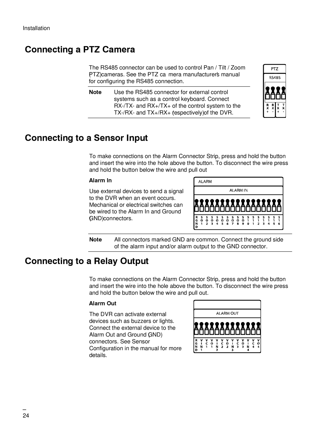 Honeywell HRDP DVR Connecting a PTZ Camera, Connecting to a Sensor Input, Connecting to a Relay Output, Alarm Out 