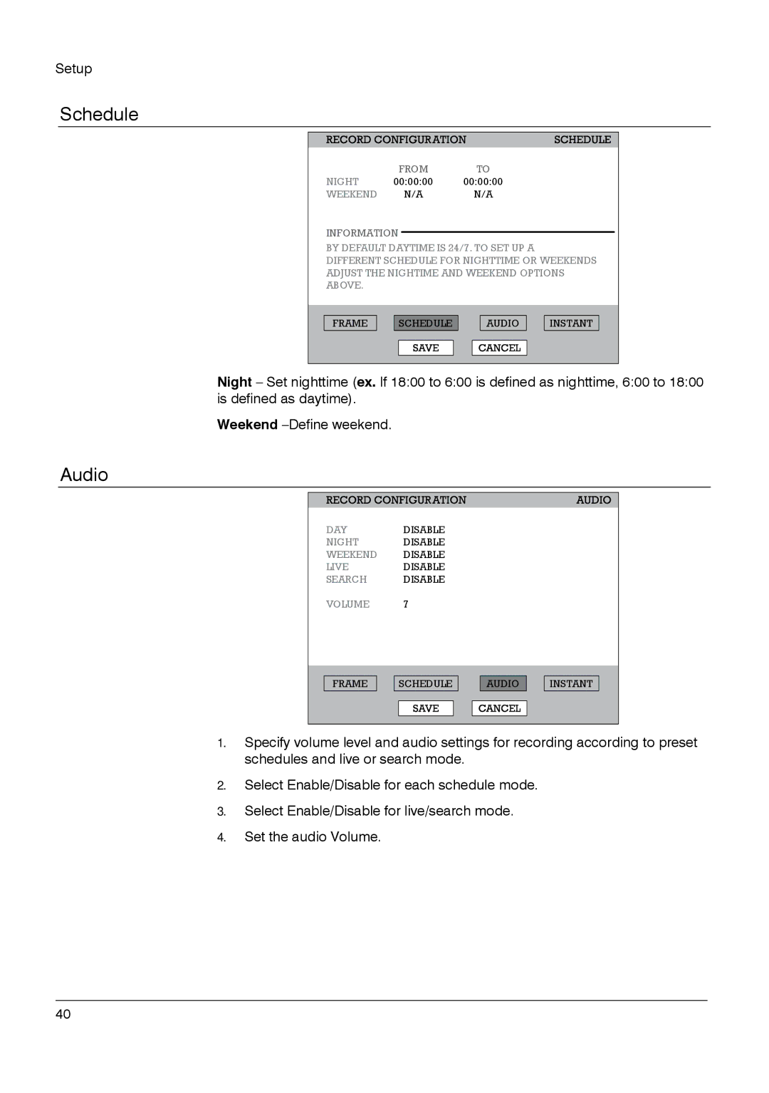 Honeywell HRDP DVR manual Schedule, Audio 