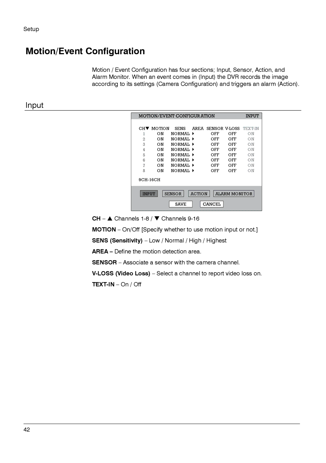 Honeywell HRDP DVR manual Motion/Event Configuration, Input 